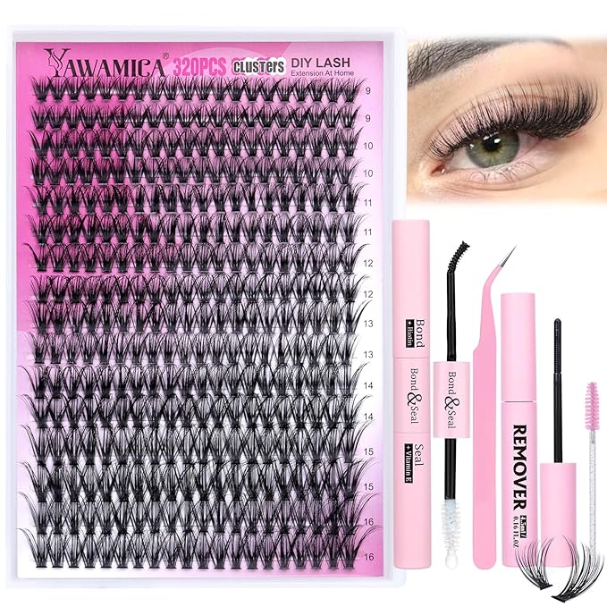 Yawamica Lash Clusters Kit 320pcs Eyelash Clusters D Curly 9-16mm 40D Individual Lashes Wispy Lash Extension Kit with Bond and Seal and Lash Remover and Lash Applicator for Eyelash Extension Beginners