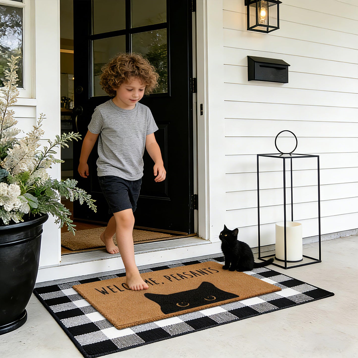 2 Pcs Welcome Peasants Black Cat Door Mat Set, Layered Artificial Coir Doormat with Black White Buffalo Plaid Mat, Non-Slip Cute Funny Front Door Mats for Cats Lovers Owners Porch, Entryway Decor
