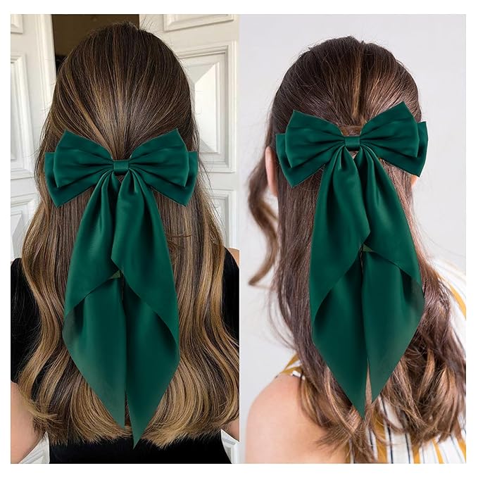 6Pcs Large Bows Hair Clips for Women Girls Long Tail Hair Ribbon Silky Satin Barrettes Coquette Bows Accessories (Atrovirens)