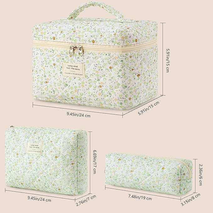 HBselect Quilted Makeup Bag, 3PCS Cotton Large Travel Makeup Bag, Cute Floral Coquette Make up Bag Cosmetic Bag Toiletry Bag for Women Girls