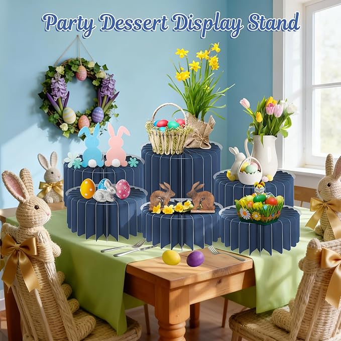 6Pcs Buffet Risers, Food Risers for Table, Foldable Cake Display Stands, Tall Cardboard Cupcakes Stand for Show Catering Desserts Jewelry Wedding Birthday Party Decoration (Blue)