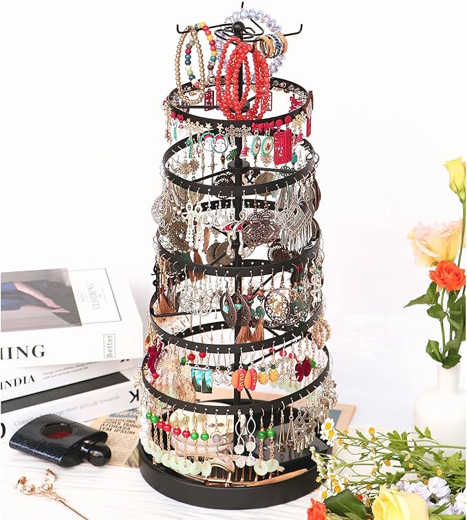 6 Tier Rotating Jewelry Organizer Stand, 230 Holes Earring Holder Organizer for Women Girls, Spinning Earring Tree with Ring Holder, Wide Base for Bracelets Watches Lipstick