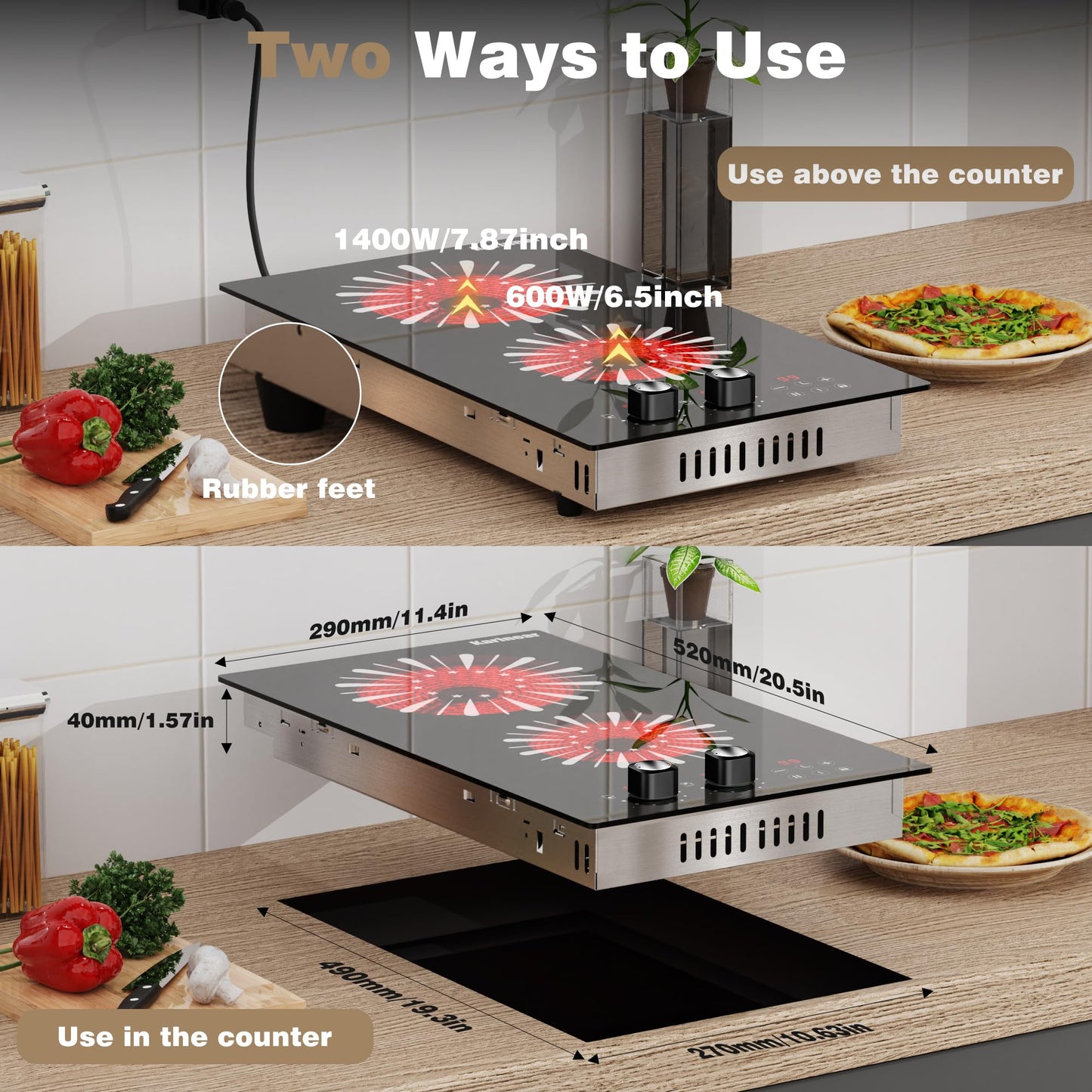 Karinear 110V Electric Cooktop 2 Burners, 12 Inch Electric Stove with Plug in, Countertop & Built-in Ceramic Stove Top, Knob and Sensor Touch Control, Multifunctional Radiant Stove(Silver knob)