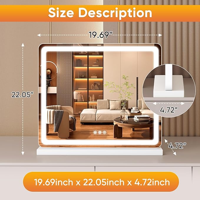 DUMOS 19"x22" LED Vanity Mirror with Lights, Dimmable 3 Color Modes Makeup Mirror with Memory Function, USB Charging, Aluminum Frame, Lighted Mirror for Desk or Bedroom
