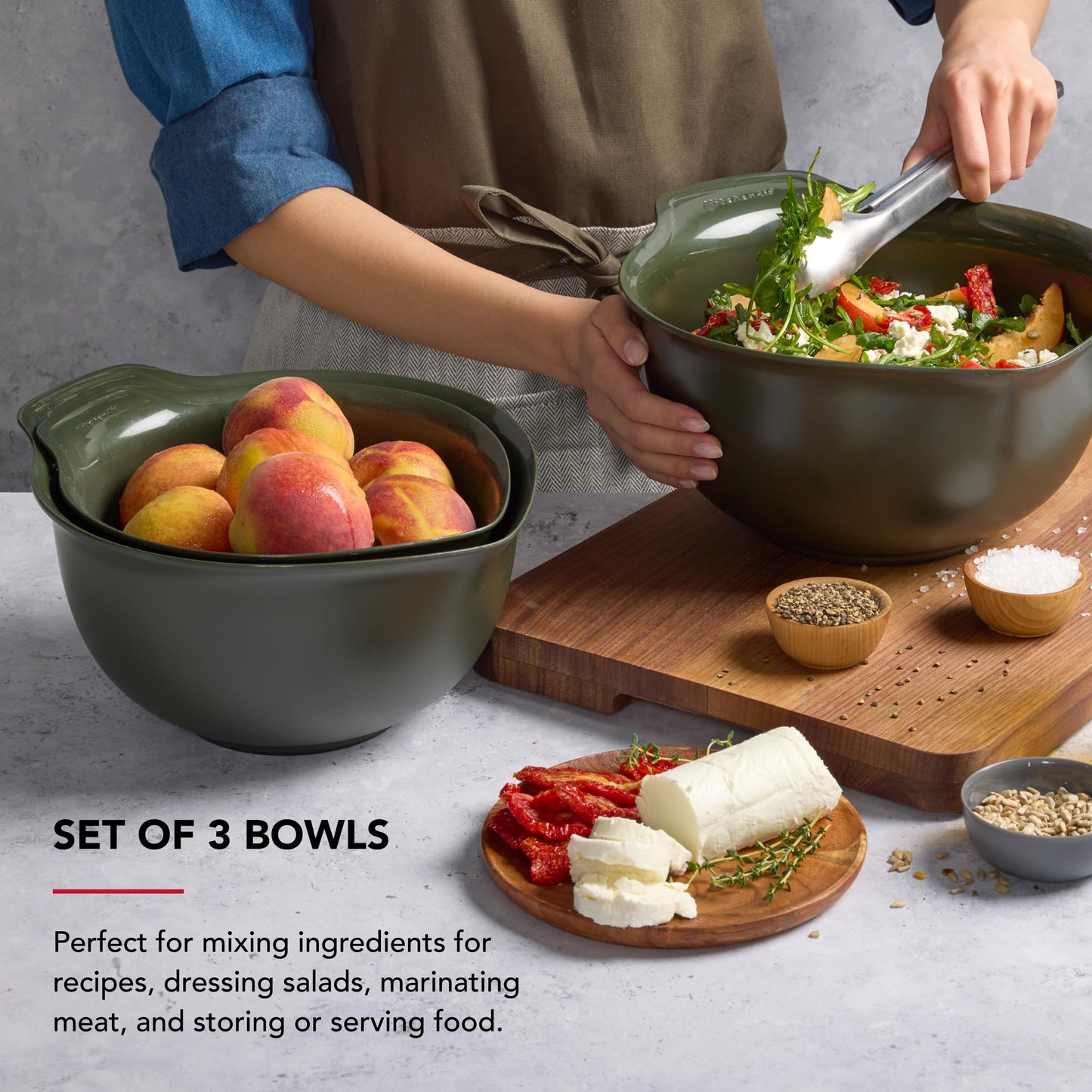 KitchenAid Universal Nesting Plastic Mixing Bowls, Set of 3, 2.5 quart, 3.5 quart, 4.5 quart, Evergreen