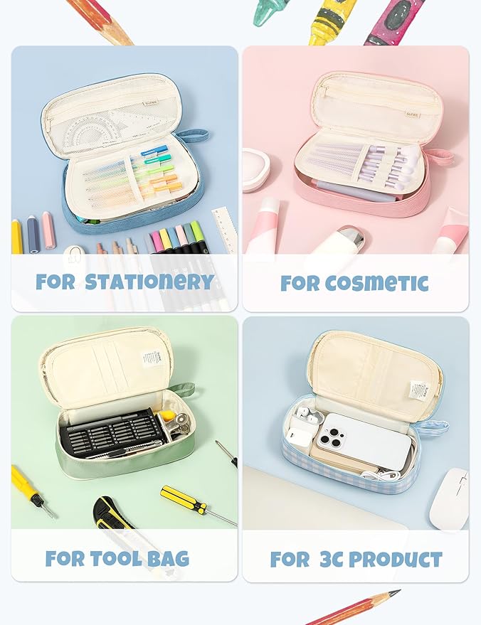 SUNEE Cute Pencil Case, Large Pencil Pouch, Aesthetic Big Pencil Bag with Zipper, Kawaii Stationery Storage and Organizer, School Supplies for Teen and Adult, Boys&Girls, Soft Corduroy Grey Blue