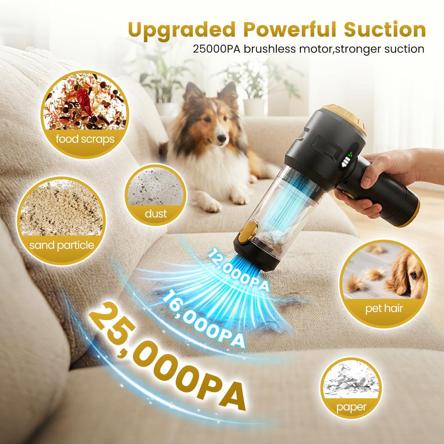Wansimoo Handheld Car Vacuum Cleaner,25000PA Strong Cyclonic Suction Foldable Mini Vacuum Portable Cordless with Digital Display and One Touch Dust Removal for Car, Home, Office, Kitchen (Gold)