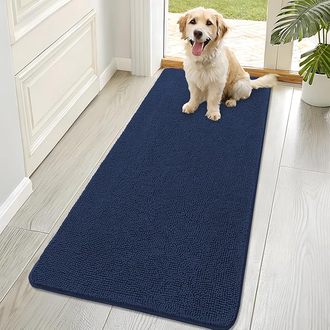 OLANLY Dog Door Mat for Muddy Paws 70x32, Absorbs Moisture and Dirt, Absorbent Non-Slip Washable Doormat, Quick Dry Chenille Mud Mat for Dogs, Entry Indoor Entryway Carpet for Inside Floor, Dark Blue