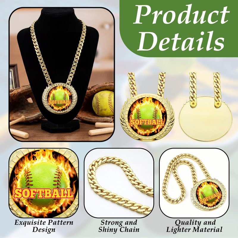 Highergo Softball Champion Chain Award Medal 5 x 6 Inch with Flame Softball Pattern on Jumbo Gold Award Medal Athlete Prize Gifts with 34inch Turnover Chain for Contest Reward Family Reunions