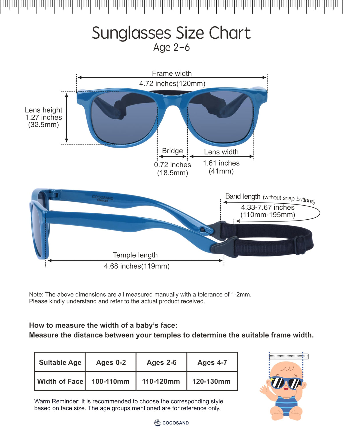 COCOSAND Toddler Baby Sunglasses with Strap Polarized Flexible Square Frame UV400 Protection for Kids Girl Boy Age 2-6, Navy Blue