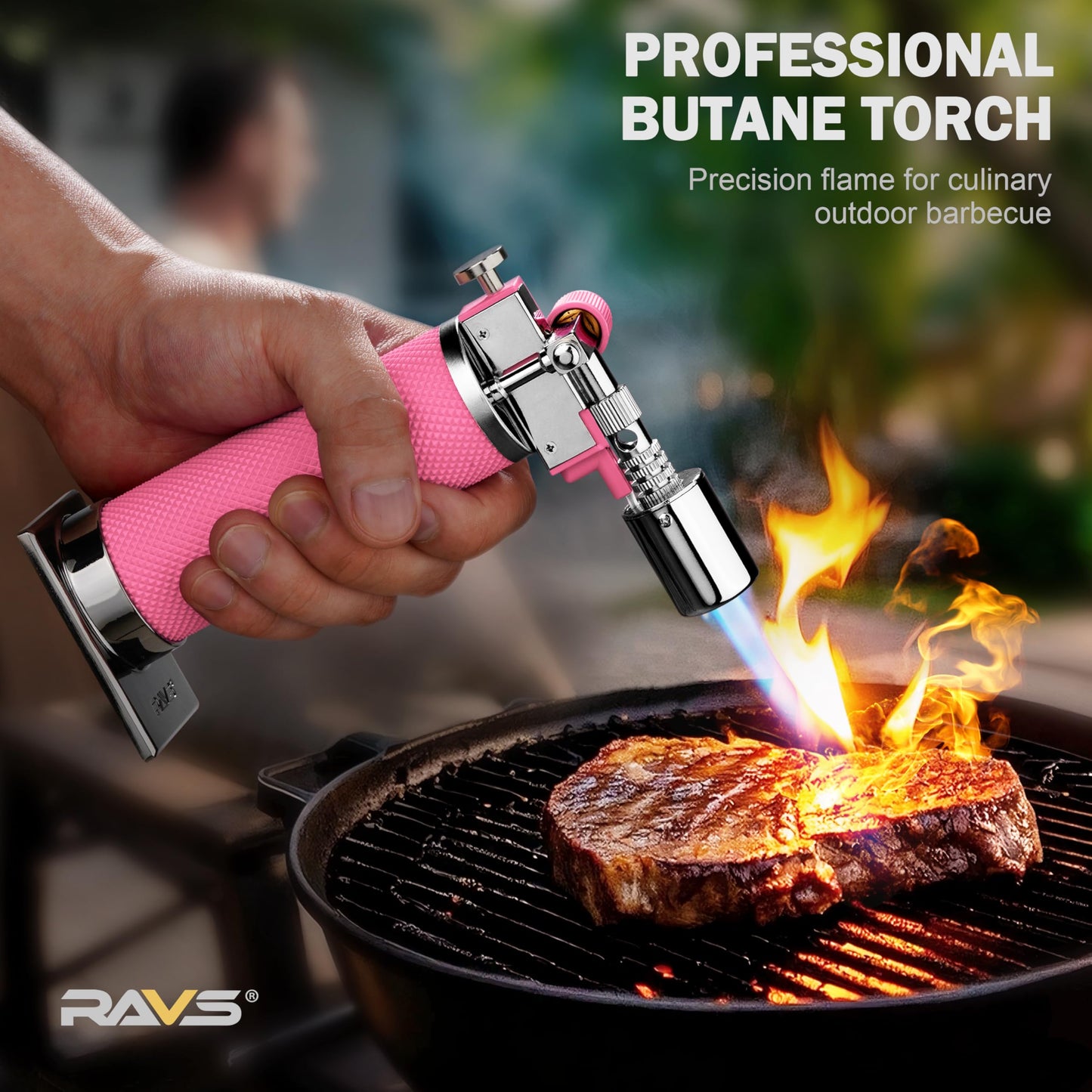 RAVS Butane Torch, Kitchen Torch Lighter for Creme Brulee with Adjustable Flame, Cooking Torch for Baking, BBQ, Desserts, Metal Mini Torch with Safety Buckle, Pink (Butane Not Included)