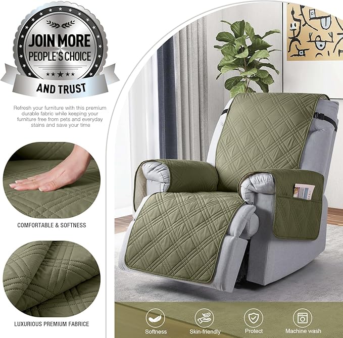 TAOCOCO 100% Waterproof Recliner Chair Cover, Non Slip Recliner Covers for Recliner Chair with Pocket, Washable Reclining Chair Cover Furniture Protector for Kids,Dogs(23.6'', Green)