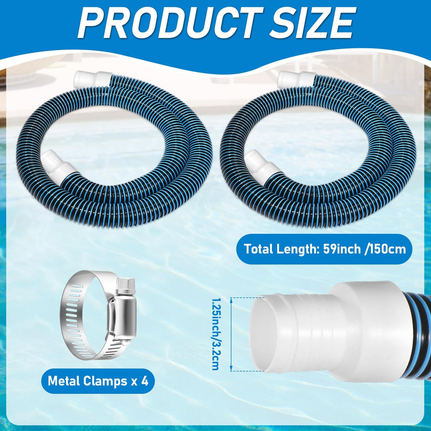 Conderyang 2 Pack 1.25×59in EVA Pool Professional Hoses with 2026 Upgrade Flexible Tube Head and 4 Metal Clamps for Above Ground Pools Pump Replacement Hose Pool Supply for Heavy Duty Hose (Blue)