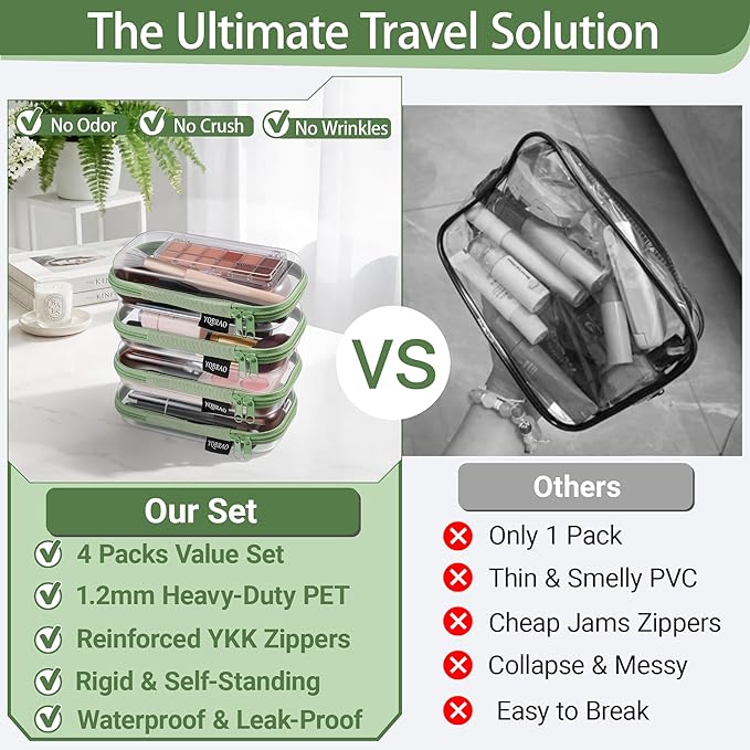 YQBRAO 4-Pack Clear Hard Shell Zipper Case, 1.2mm Ultra-Thick Diaper Bag Organizer Pouches, Rigid Self-Standing Travel Makeup Bags with YKK Zippers, TSA Approved, Green