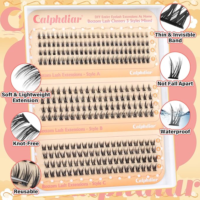 Bottom Lashes Clusters DIY Eyelash Extension 3 Styles Lower Eyelash Clusters Bottom Individual Lashes 5-7mm Thin Band Natural Bottom Lash Clusters 260pcs DIY Entire Lash Extensions by calphdiar