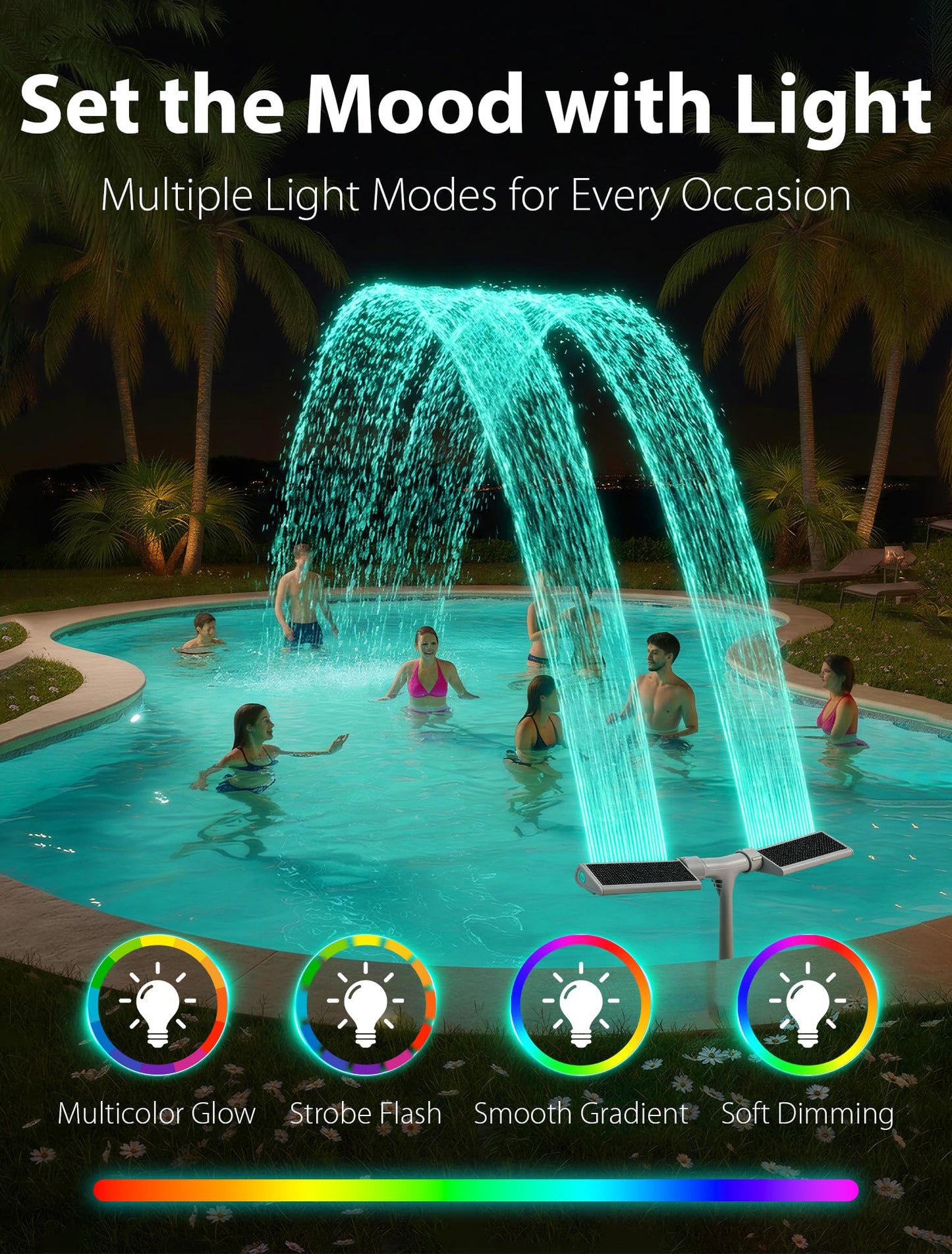 POOLHOUR 2026 Upgrade Height Solar Pool Fountain with 10-Color 4-Mode LED Lights, Auto Light-Sensing Pool Sprinkler Fountain for Above/Inground Pools, 360° Adjustable Spray for 8-16°F Cooling (Gray)