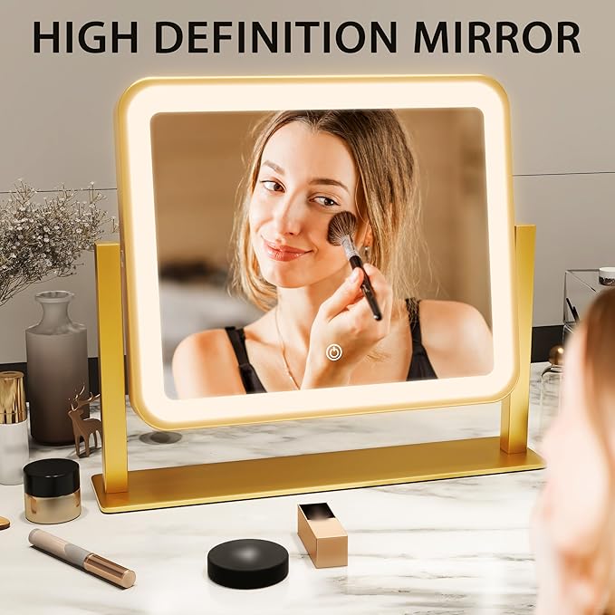 ROLOVE Gold Lighted Makeup Mirror, 14"x12" Vanity Mirror with Smart Touch Control, 3-Color Dimmable Lighting, 360° Rotation for Desk or Bedroom