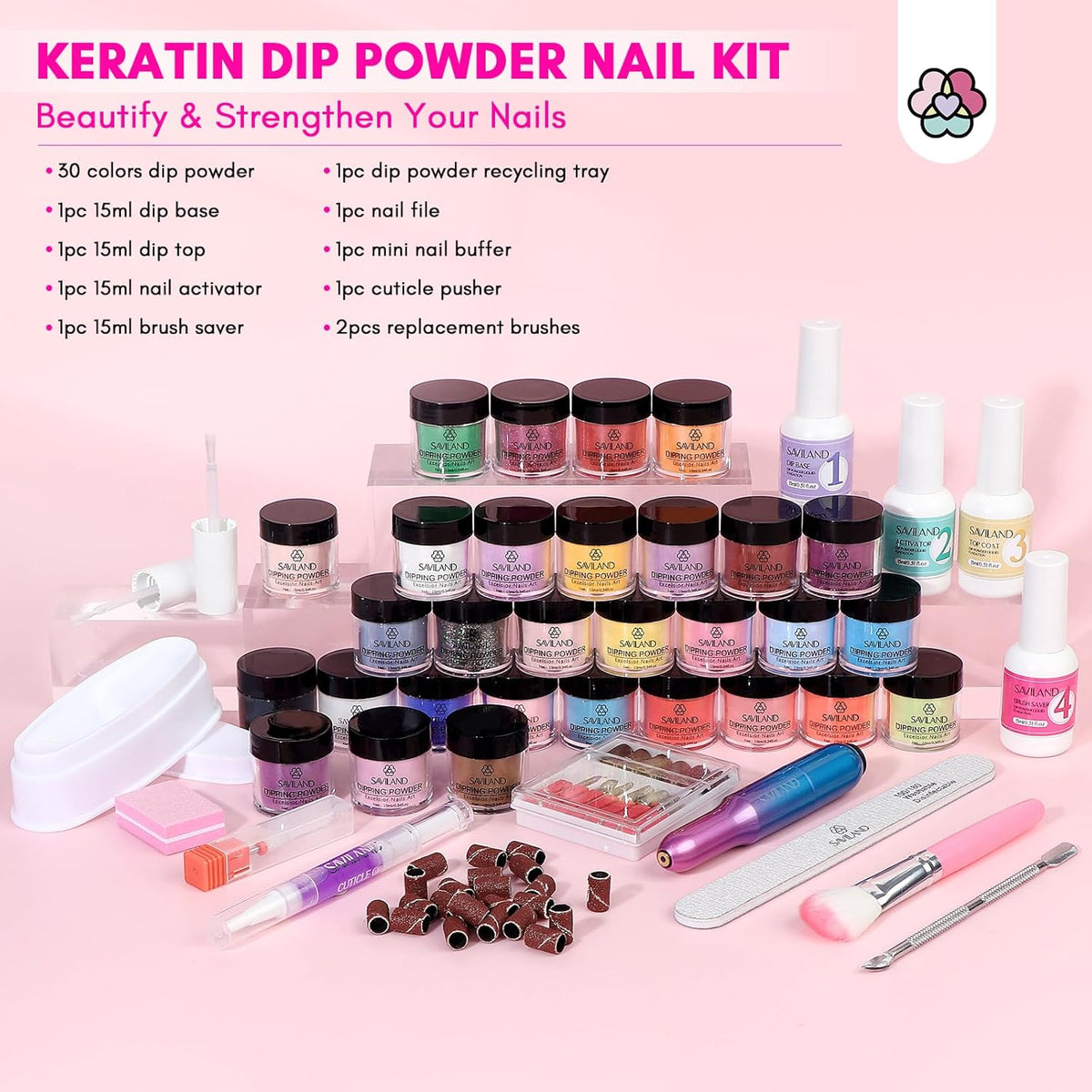 SAVILAND Dip Powder Nail Kit with Drill: Starter Kit 103 Pcs Keratin Dip Nails Powder Kit 30 Colors with Dipping Powder Liquid Set with Base Top Coat Activator for Beginners All Seasons Home DIY Salon