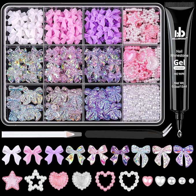 500 Pcs 3D Nail Charms and Flatback Pearls #11, 6 Colors Bow + Pink&White Star Heart Cute Charms + 2-6mm White Pearls for Nail Art Design with Nail Charm Glue(UV Needed) and Pickup Tools