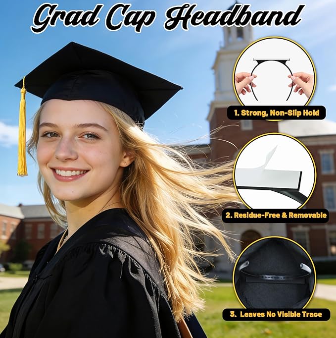 Graduation Cap Headband, Grad Cap Headband for Graduation Insert - Secures Graduation Hat & Keep Hairstyle, Hat Accessories Hairband for Graduates, Students