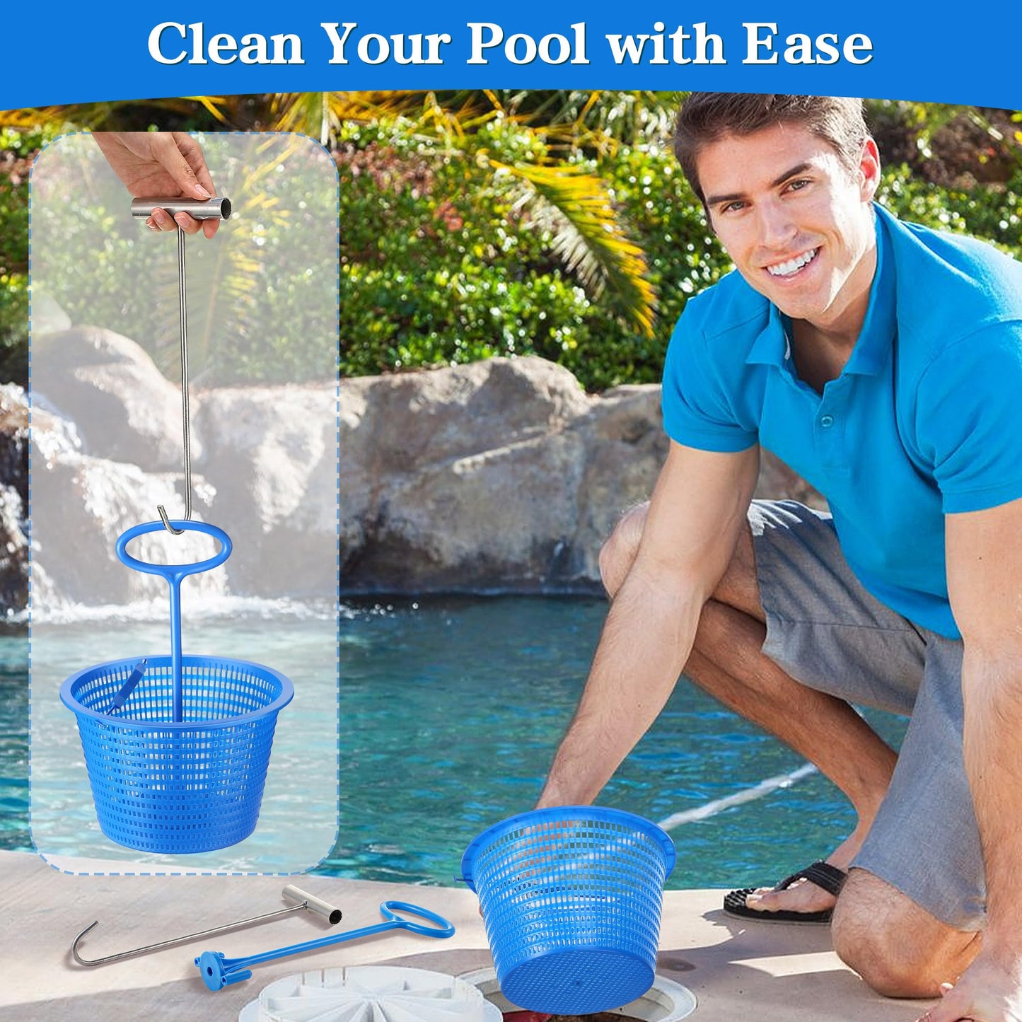 Saillong 2 Set 8" Pool Skimmer Basket for Inground Pool with 2 Skimmer Baskets Handle and 1 Stainless Steel Hook, Blue Universal Pools Filter Basket Skimmers for Debris Removal, Keep Hands Clean