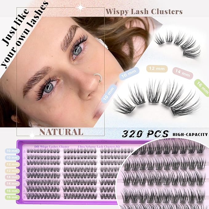 Wispy Lash Clusters, Natural Lash Cluster Eyelash Extensions 320 Pcs C Curl 10-16mm Individual Fluffy False Eyelashes Thin Band DIY for Beginners at Home