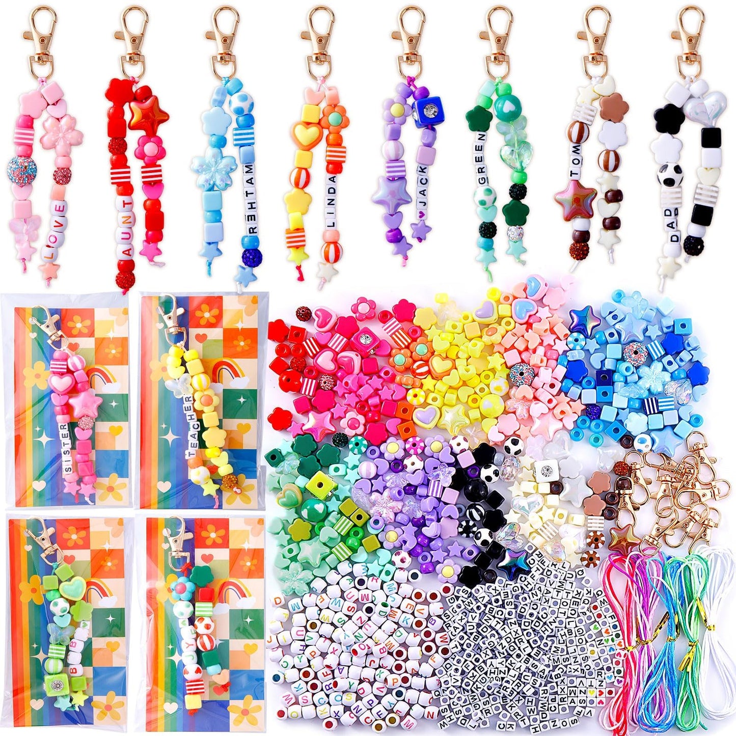 TOHONGADON 618 Pcs Bead Keychain Kit, Colorful Bag Charm Kit with Adjustable Alphabet Beads, Charm Keychain Kits for DIY Key Ring Jewelry Making