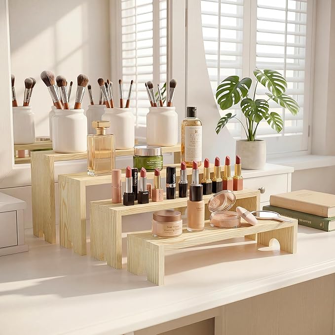 2 Set Wooden Cupcake Stand for Decor, 4 Tiered Stackable Display Risers, Farmhouse Decor Wood Dessert Table Display Set for Party, Vendor Events, Original Wood