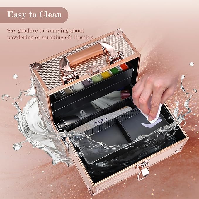 FRENESSA Makeup Train Case Makeup Case Travel Cosmetic Box Organizer Portable Make Up Box with Dividers Lockable for Artist Nail Sewing Vanity Storage Makeup Travel Case Rose Gold