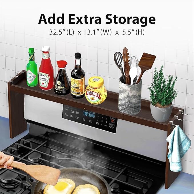 IIIOIIIA Bamboo Over the Stove Spice Rack Organizer Shelf for Kitchen, 31.5" with 6 Hooks, 11.4" Height Extra Storage Countertop, Easy to Assemble, Walnut