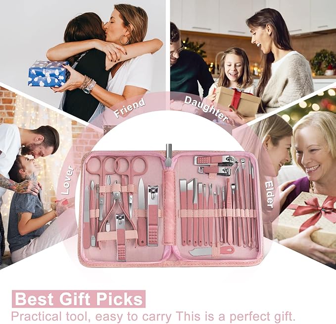 Women Manicure kit Professional sat Nail Set kit Pedicure Kit 30 in 1 Nail Clippers for Women Grooming Nail Care kit with Luxurious Travel Case Pink