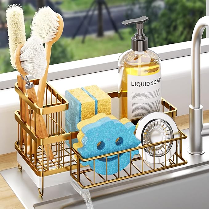Consuemst Sponge Holder for Kitchen Sink - Auto Draining Sink Caddy Organizer with Detachable Rack, High Brush Holder, Kitchen Countertop Storage Accessories, Gold