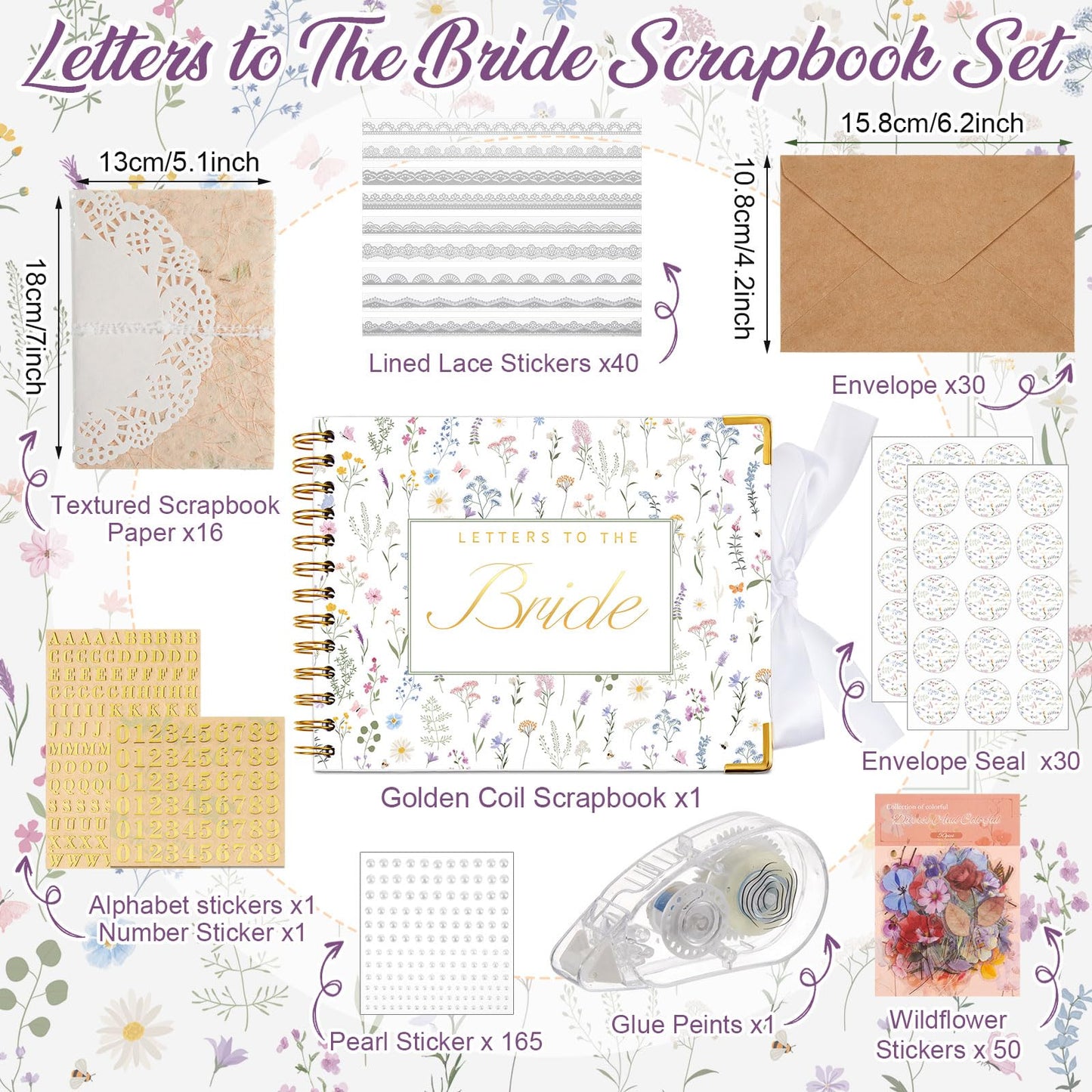 Humyoun Wedding Guest Book Letters to The Bride Scrapbook Wedding Memory Book Bridal DIY Blank Paper Scrapbook Photo Album Guest Sign with Pearl Stickers(8.5 x 7 Inch,Wildflower,Colorful)