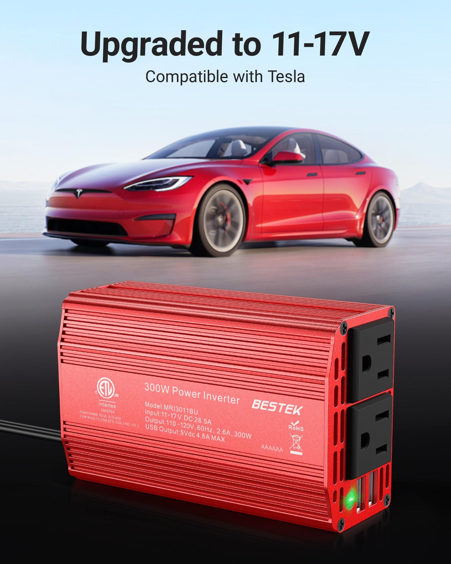 BESTEK Power Inverter DC 12V to AC 110V - 300W Car Plug Adapter Outlet with 4.8A Dual USB Fast Charging Port - Car Charger Cigarette Lighter Adapter for Phone, Laptop on Road Trip - Aluminum Housing