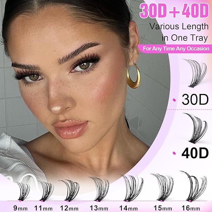 Pawotence Lash Extension Kit DIY 280pcs Individual Lash Clusters Kit 30D 40D Cluster Eyelash Extensions Kit with Bond and Seal, Remover, Tweezers for Self Use (30D&40D, 9-16mm, All Kit)