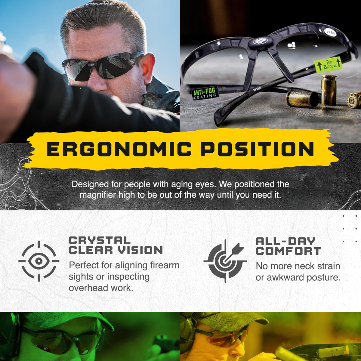 First Responder's Choice! Tactical Shooting Glasses for Front Sight Focus 99% of Inaccuracy Occurs When You Can’t See Your Sights. Maintains a Natural Shooting Stance. Top Focal® Anti-Fog, ANSI Z87.1+