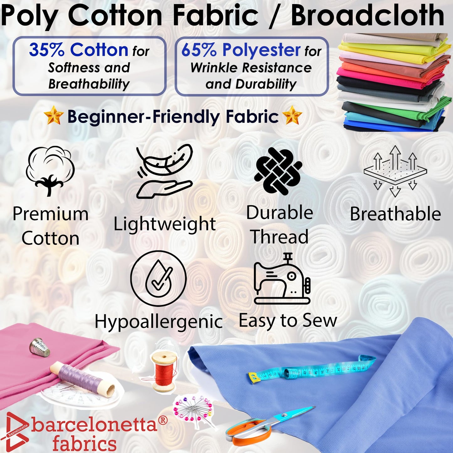 Barcelonetta | Poly Cotton Fabric for Sewing | Broadcloth Fabric | by The Yard | 60" Wide Roll | Lightweight, Breathable | Lining, Home Textile, Skirts, Tote Bags (Khaki, 3 Yard)