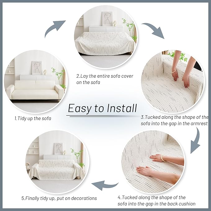 MYSKY HOME Couch Cover for Dogs, Sectional Couch Cover, Beige Lines Sofa Covers for Sectional Sofa L Shape Chenille Couch Protector for Dogs Pets Couch Covers Washable Soft Throw, 71"X150"