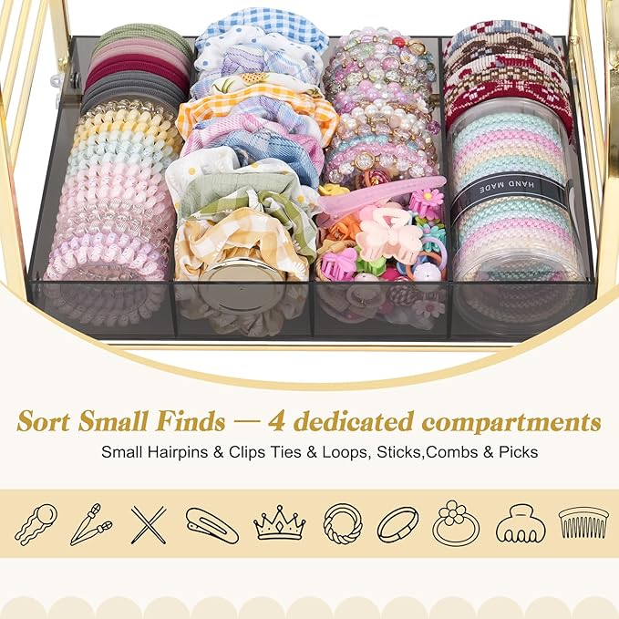 Keebofly Acrylic Hair Accessories Organizer, Versatile Headband Holder Stand for Scrunchies, Bows, Claw Clips, Hair Tie, Compact Hair Organizer Storage for Girls, Women, Babies, Amber & Gold-Plated