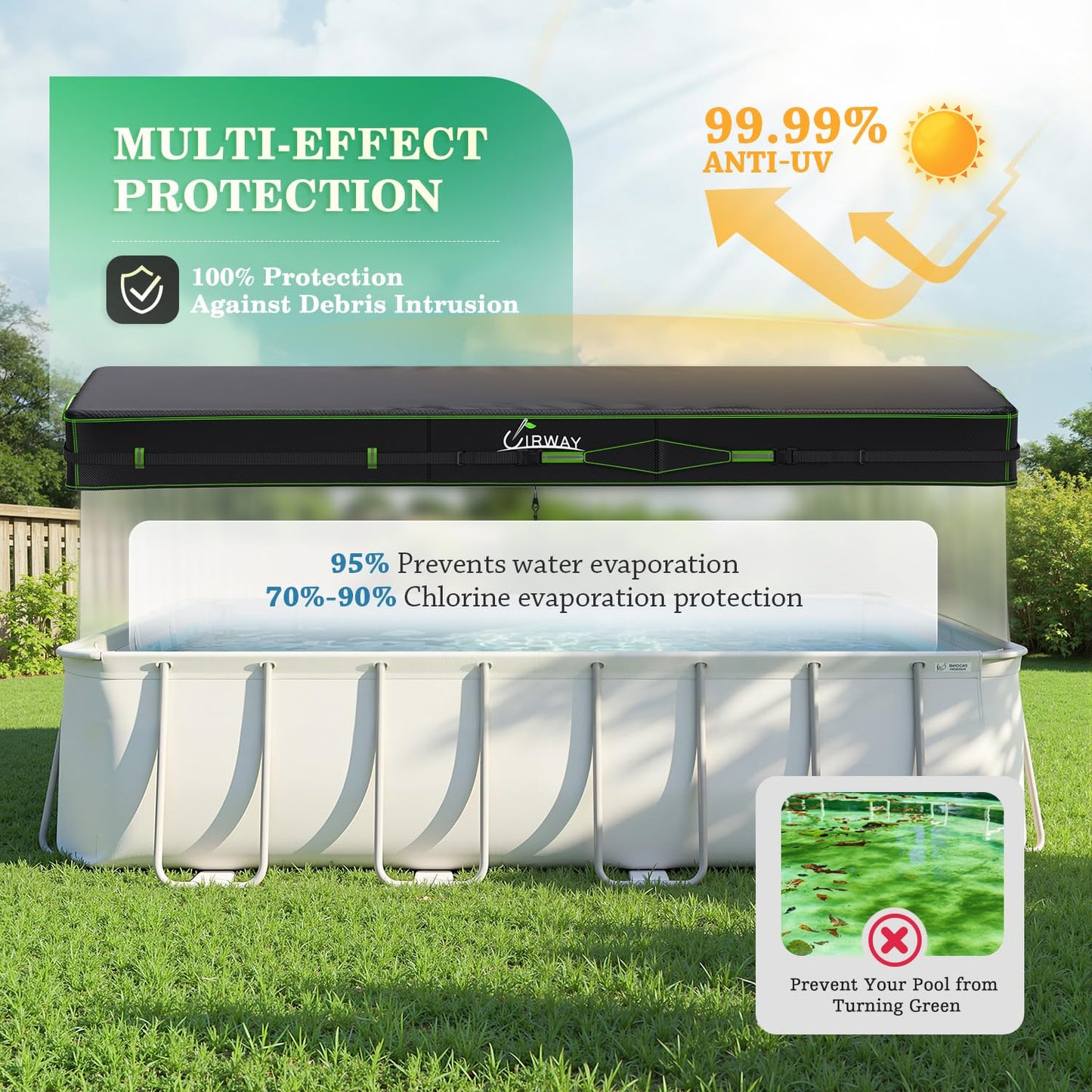 UIRWAY 500D Pool Cover 12x24FT Rectangular [2026 Upgraded Heavy Duty Fabric] Solar Pool Covers for Above Ground Pools, Swimming Pool Covers Including Windproof Straps and Luminous Ground, UV Resistant