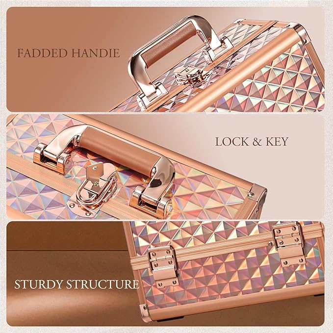 Joligrace Makeup Train Case Cosmetic Box 11.6 Inch Jewelry Organizer Professional 3 Tiers Trays with Mirror and Brush Holder Lockable Key Portable Travel - Rose Gold