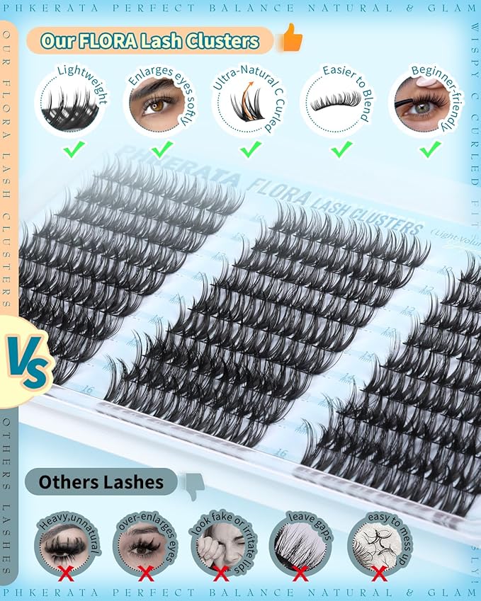 PHKERATA Flora Lash Clusters Wispy Eyelash Clusters 162pcs Natural Cluster Eyelash Extensions Ultra-thin Band Cluster Lashes C Curve Lash Extension DIY Soft Individual Lashes, 10-16mm