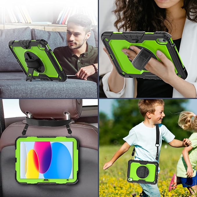 BLOSOMEET Case for iPad A16 11th/10th Generation 11''/10.9'' 2025/2022 with Tempered Glass Screen Protector & Pencil Holder, Rugged Military Grade Cover w/Stand Hand Shoulder Strap, Green