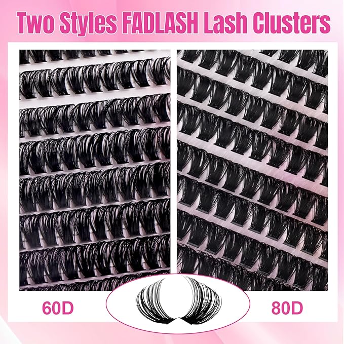 FADLASH Lash Clusters Natural Eyelash Clusters 60D+80D Volume Lash Extensions 8-16mm D Curl for Beginners DIY at Home (60D+80D, 2 Pack)