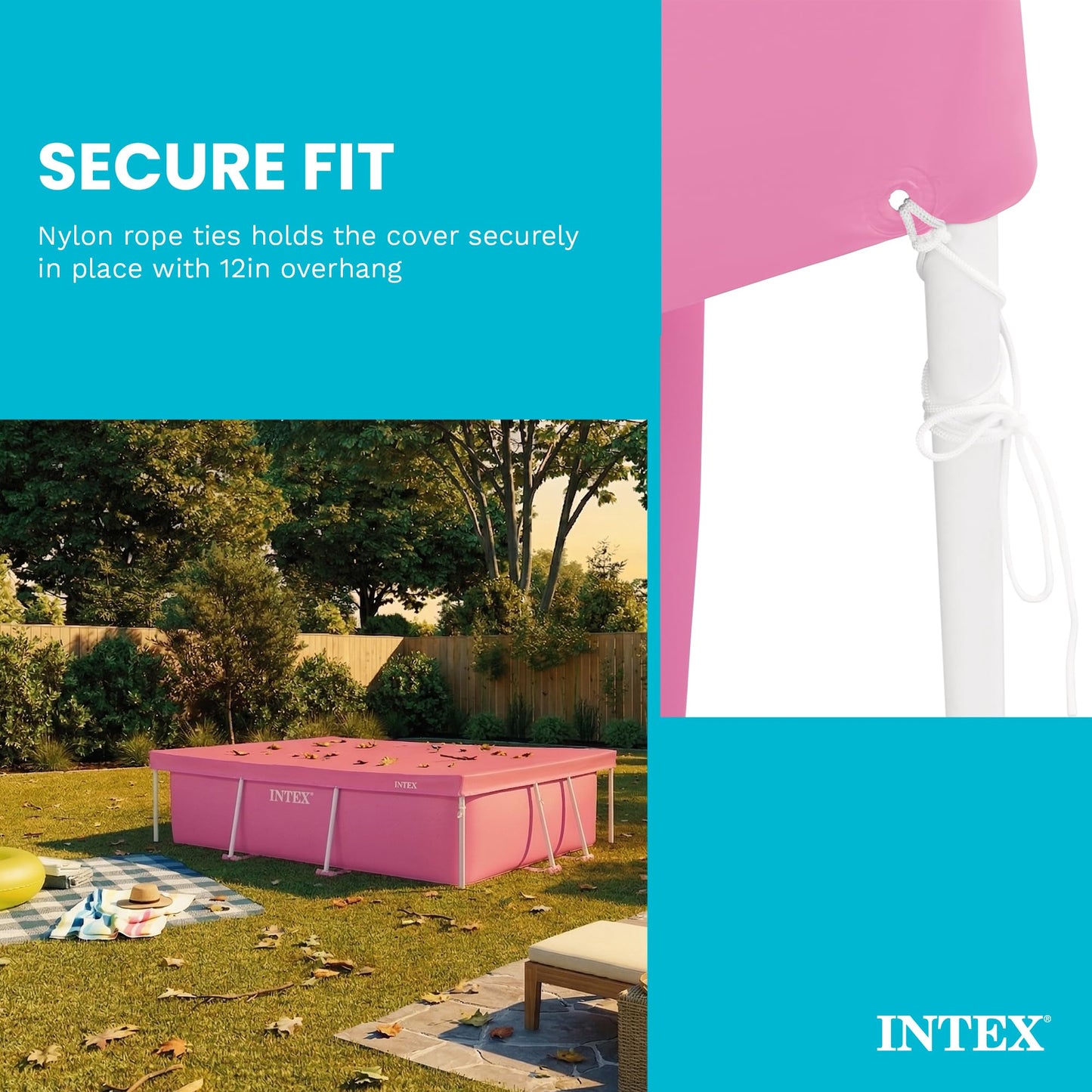 INTEX 28035E Pool Cover: for 8.5ft x 5.3ft Rectangular Metal Frame Pools – Includes Rope Tie – Drain Holes – 12in Overhang – Snug Fit