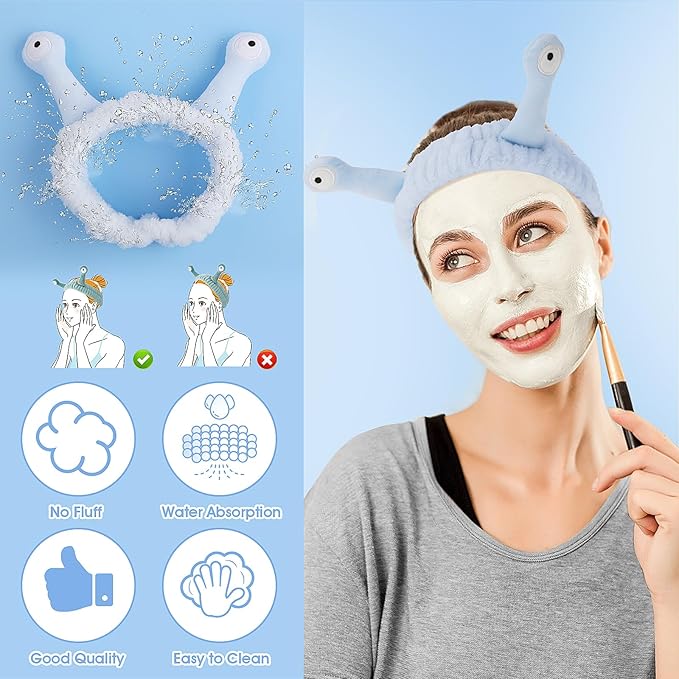 Face Wash Headband, Palm and Snail Spa Hair Bands Makeup Headbands Women Cartoon Cute Coral Fleece Elastic Headband Creative Hair Accessories for Washing Face Shower Sports (Blue)