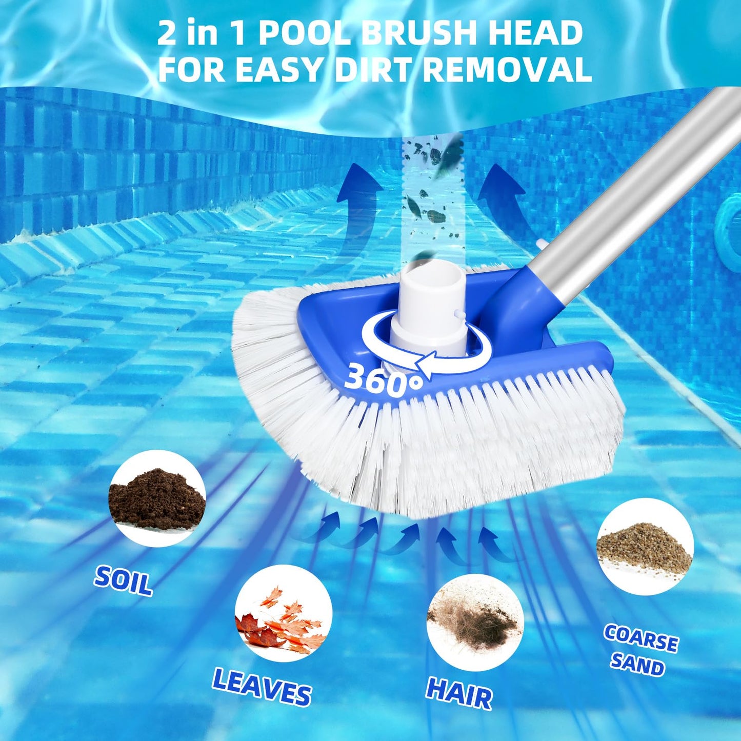Pool Brush Head with Pool Vacuum Head for Inground & Above Ground Pools, Round Heavy Duty Scrubber Pool Broom Cleaning Nylon Brush with 1/4" or 1/2" Swivel Hose Connection, No Pole
