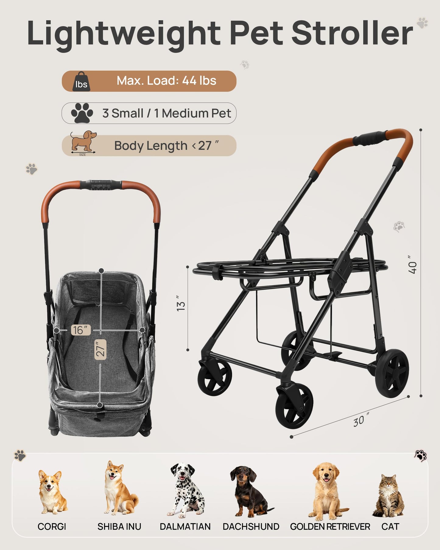 RIDYEE Dog Stroller for Small & Medium Dogs & Cats up to 44 lbs – Foldable, Lightweight, All-Terrain Shock Absorbing Wheels, Ventilated & Fully Shaded, Low-Entry Design
