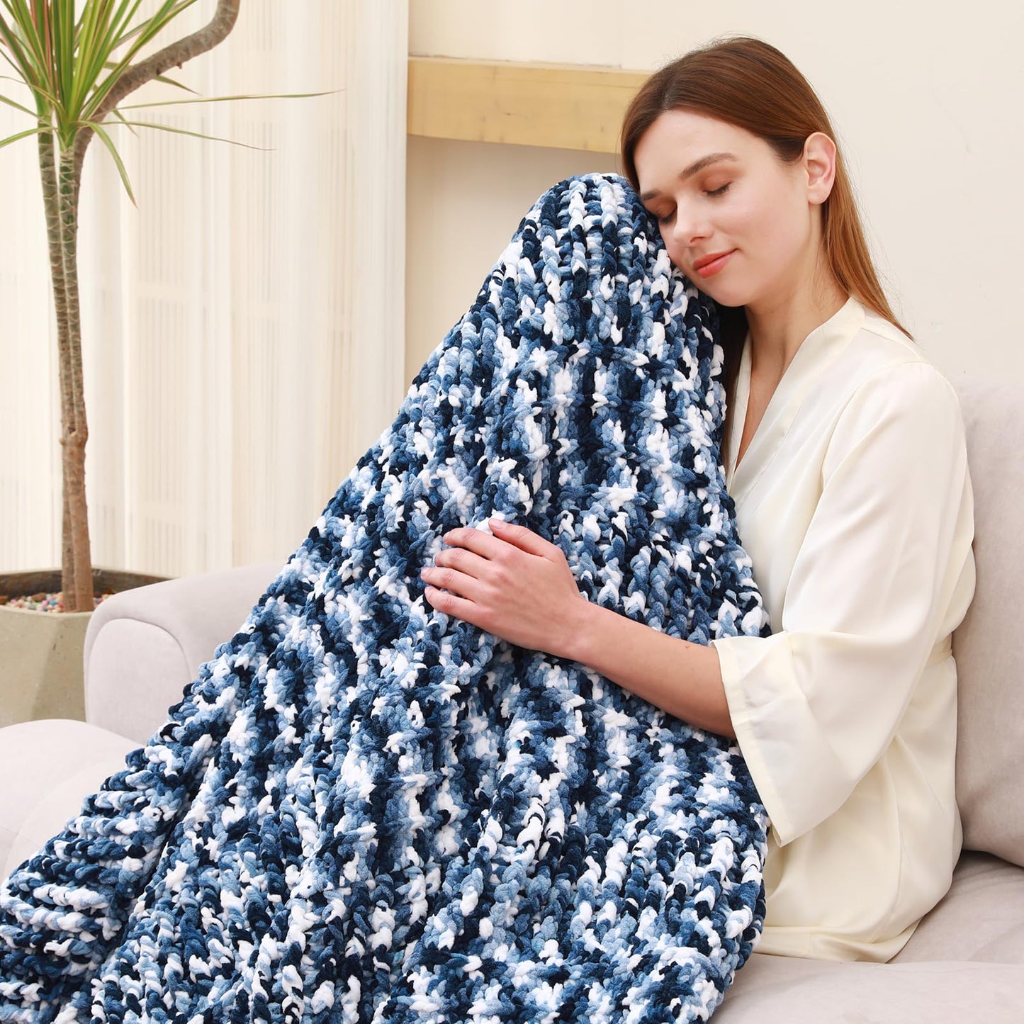 Knyteruna #6 Super Bulky Blanket Yarn for Crocheting - 4 Skeins(Each 10.5oz/300g, 220yds/201m), Chunky Chenille Thick Plush Big Soft Yarn for Crocheting Knitting Blankets, Khaki & Blue & White