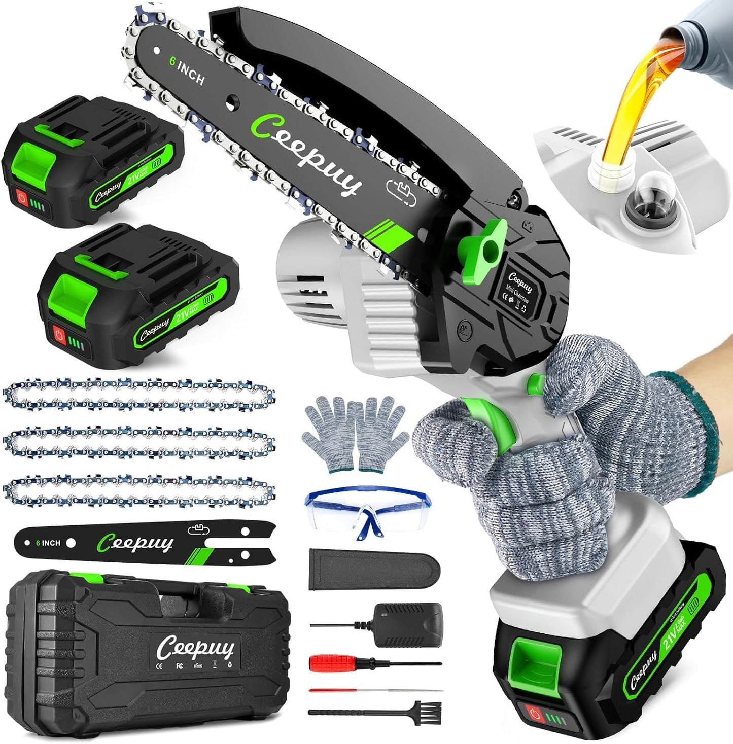 CEEPUY Mini Chainsaw Cordless,6 Inch Portable Electric Chainsaw with Automatic Oiler/Security Lock/Battery Powered Small Handheld Saw for Trees Branches Trimming,Wood Cutting, Gifts for Men Women